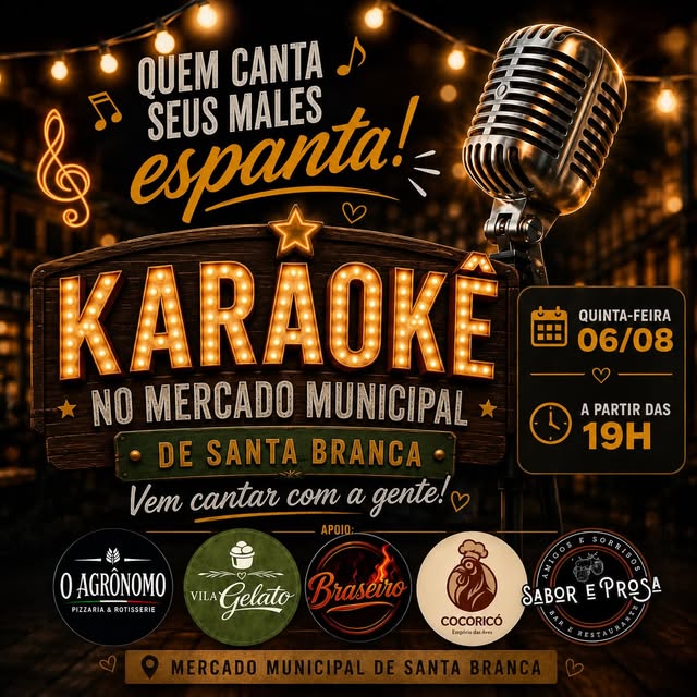Arte de divulgação de karaokê no Mercado Municipal de Santa Branca